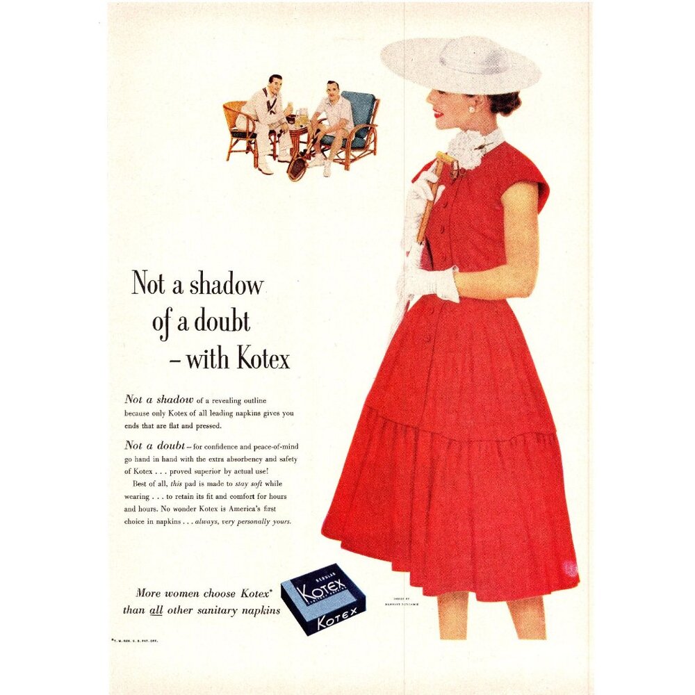 1952 Kotex Pads Napkins Vintage Print Ad Tennis Club Red Dress 50s Wall Art
